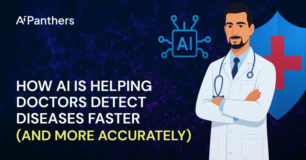 Doctor using AI-powered diagnostic tools to detect diseases faster and more accurately with AI Panthers branding.