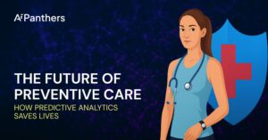Female healthcare professional with AI-powered medical shield representing predictive analytics in preventive care.